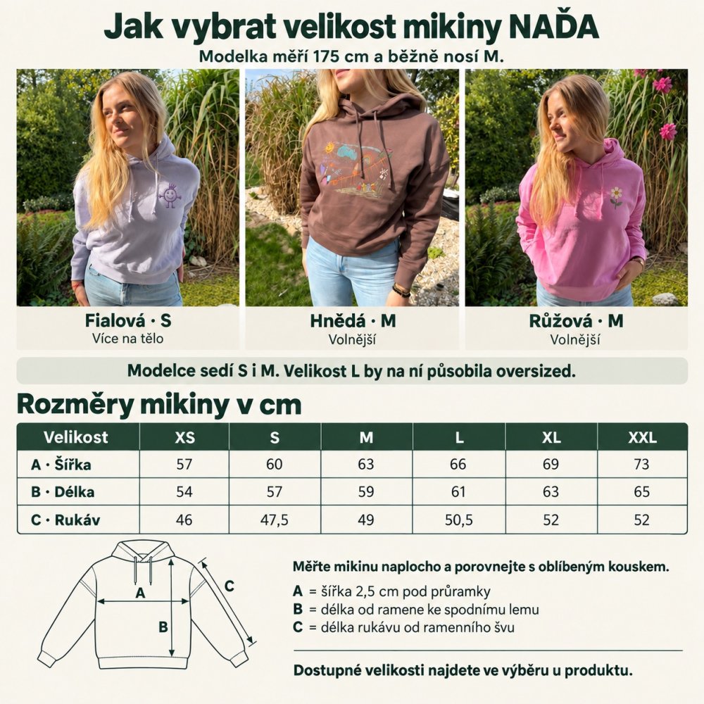 Dámská mikina NAĎA s kapucí a vlastní výšivkou-SADA - Velikost: XS, Mikina Naďa: hnědá - mocha