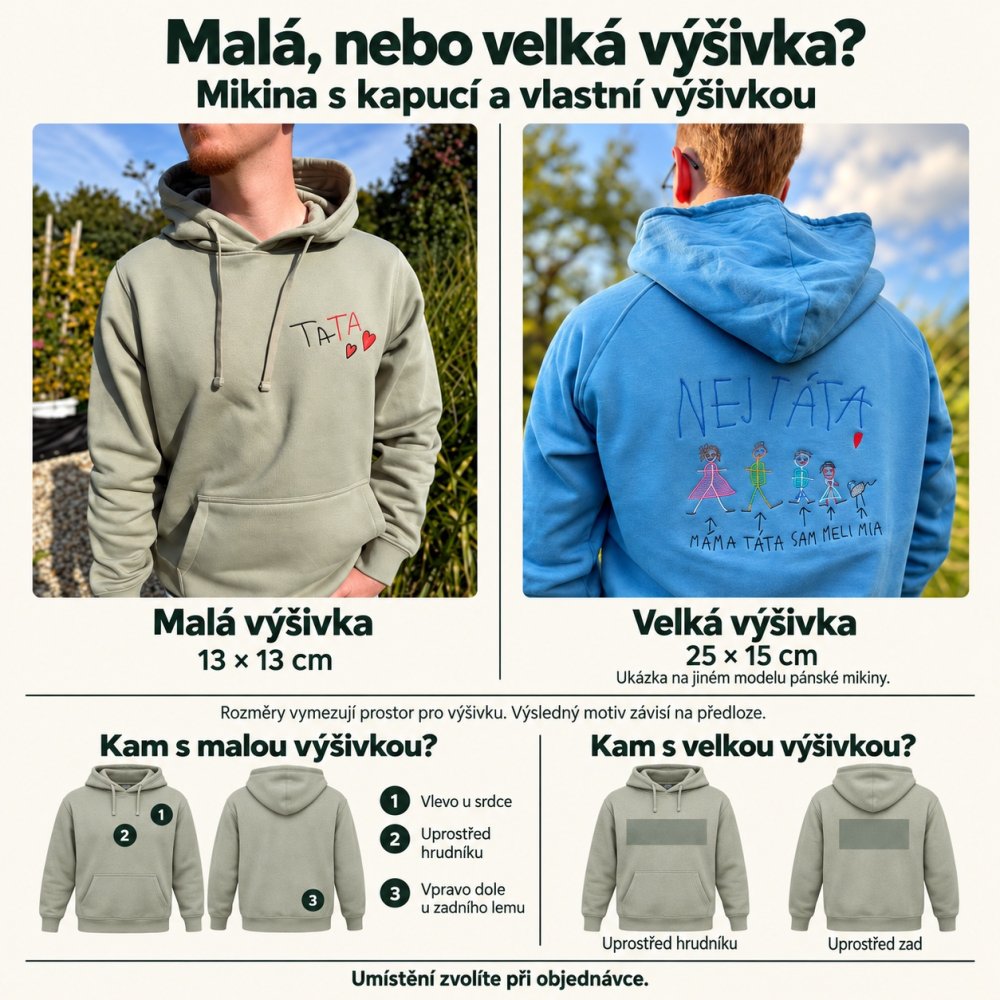 Pánská mikina s kapucí a vlastní výšivkou - Velikost: S, Barva mikiny s kapucí: béžová - přírodní