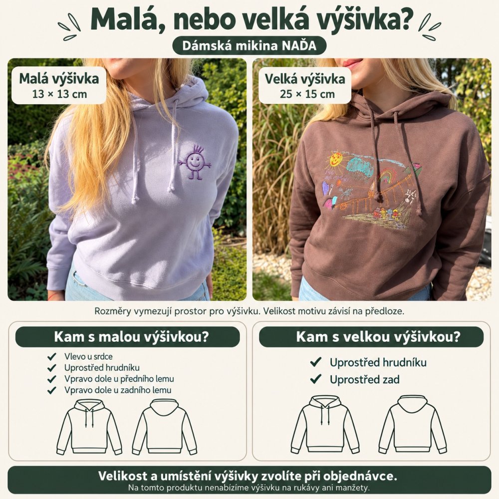 Dámská mikina NAĎA s kapucí a vlastní výšivkou-SADA - Velikost: XS, Mikina Naďa: hnědá - mocha